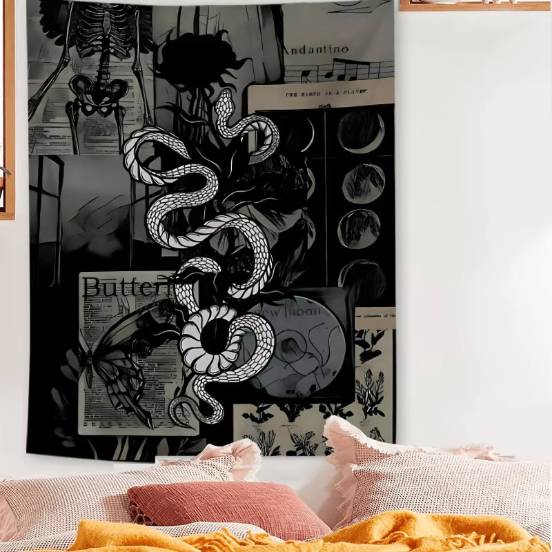 VIKAMA Wandteppich im Boho-Stil mit Schlangenknochen und Schmetterlingsflügeln, Dunkler künstlerischer Wandbehang, Breite: 60 cm, Höhe: 40 cm - Bild 2