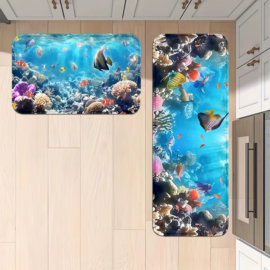 VIKAMA Ocean World Teppich mit Korallenriff und Fischschule in Multicolour, Nordic Style Fußmatte für Badezimmer und Küche, B/T: 60 x 40 cm - Bild 3
