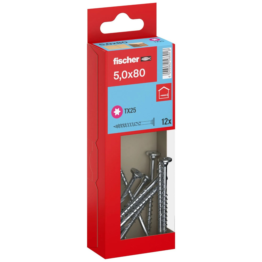 Fischer Holzbauschraube mit Stufensenkkopf und Torx-Antrieb, Teilgewinde, Stahl, blau/silber, Ø 5 mm x 80 mm, 12 Stück - Bild 2