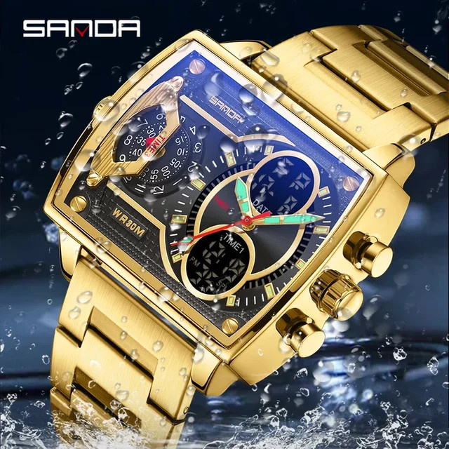 SANDA Armbanduhr Digitaluhr, Edelstahl, Gold, Herren, Eckig - Bild 1