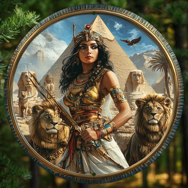 HELLOYOUNG Vintage Metall-Wandschild mit Ägyptischer Frau und Löwe in Gold, B/B/B: 20,32 x 20,32 x 20,32 cm - Bild 1