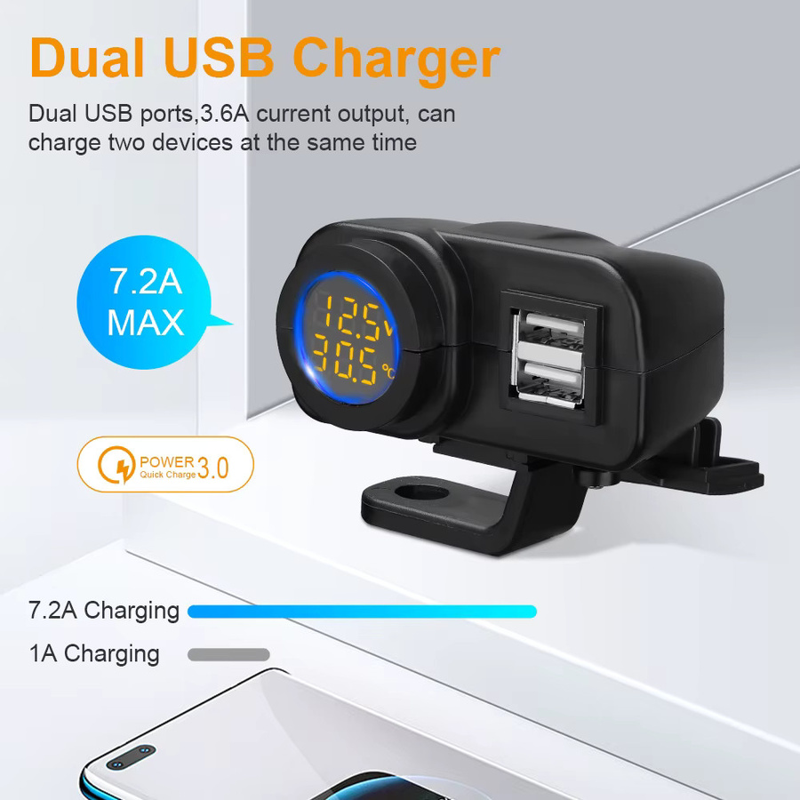 Extractme 36W Dual QC3.0 Motorrad USB Ladegerät mit Digital Display für Voltmeter und Thermometer in Schwarz - Bild 3