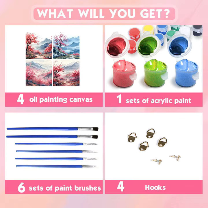HUACAN 4er Set Malen nach Zahlen Set mit Berglandschaft und Kirschblüten auf Leinwand, DIY 5D Blumenmotive in Mehrfarbig - Bild 2