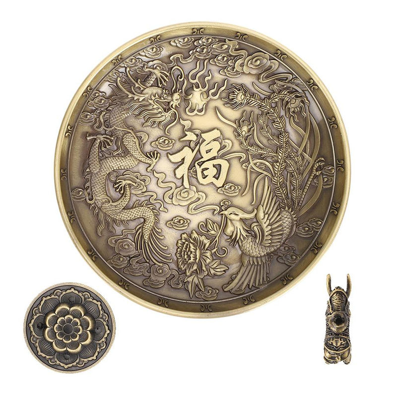 Tooarts Räuchergefäß Drache und Phönix in Gold, Vintage Metall Stäbchenhalter mit Lotus und Elefant für die Heimverehrung, Durchmesser: 10,8 cm, Höhe: 1,8 cm - Bild 5