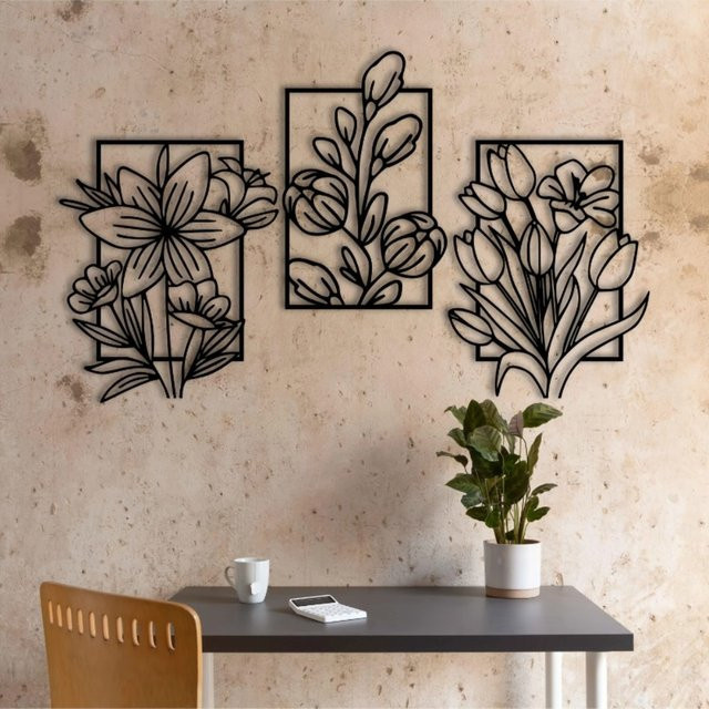 CIFBUY Retro Wandkunst aus Metall mit floralem Blumen- und Blätter-Design in Schwarz - Bild 1