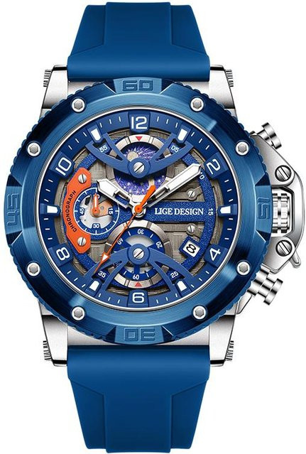 LIGE Armbanduhr Quarz, Edelstahl, Silikon, Blau, Silber, Herren - Bild 1
