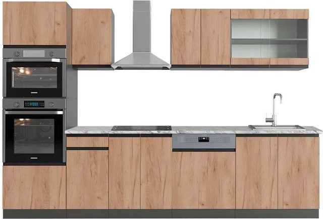 Vicco R-Line Küchenzeile Goldkraft Eiche Anthrazit mit Hochschrank und Marmor Arbeitsplatte Breite: 300 cm - Bild 1
