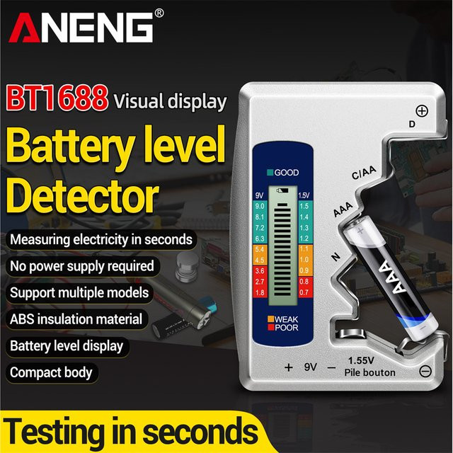 ANENG BT1688 Digitaler Batterietester mit LCD-Display zur Kapazitätskontrolle für AA, AAA, D, N, 9V und Knopfzellen in Silber - Bild 1