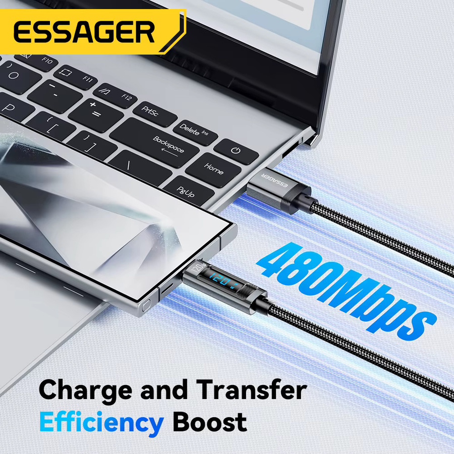 Essager USB-C Datenkabel mit Digitalanzeige 120W PD Super Flash Ladeleistung 6A in Schwarz oder Grau für Xiaomi, Redmi, POCO und iPhone 15 - Bild 3