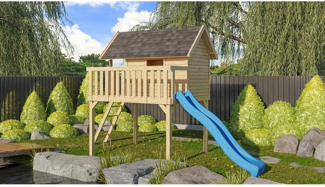 Karibu Stelzenhaus Fidel Set Natur mit blauer Wellenrutsche, B/H/T: 198 x 329,5 x 243 cm - Bild 1
