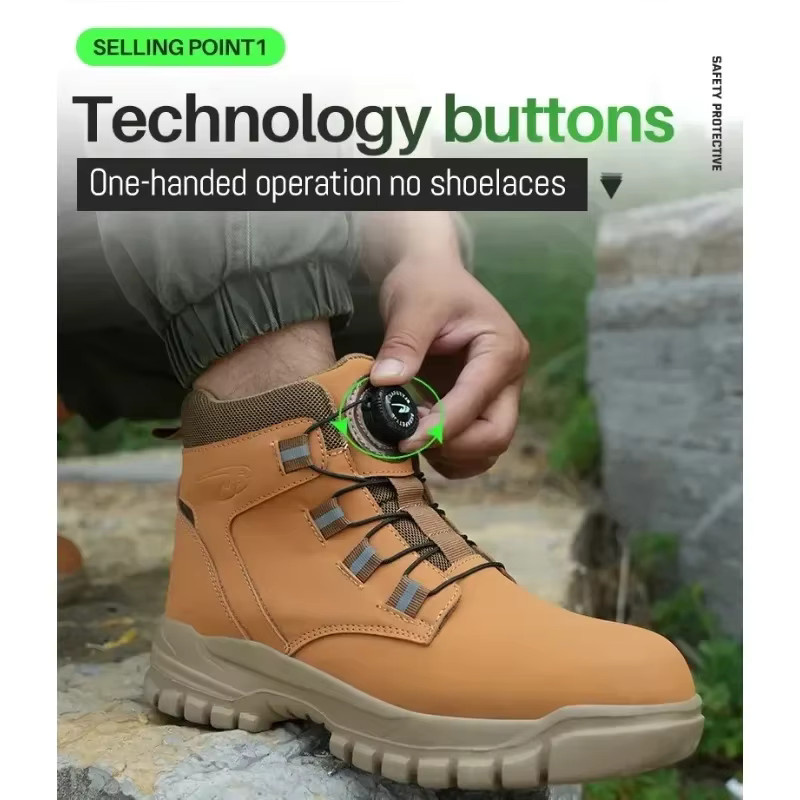 QHSPE Sicherheitsstiefel für Herren, wasserdichte und unzerstörbare Arbeitsschuhe mit Stahlkappe und stichfester Sohle, Beige/Braun - Bild 2