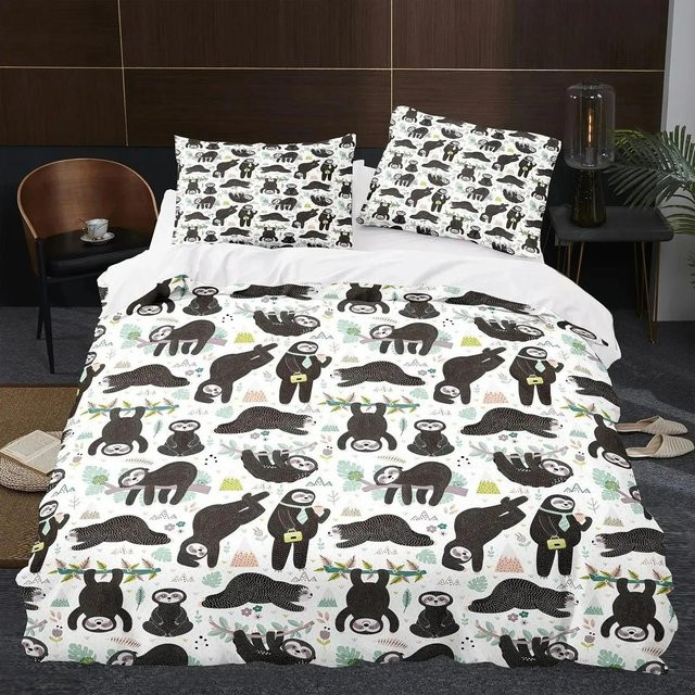 Cartoon Faultier Bettwäscheset aus Polyester mit lustigem Tier-Design, 3-teilig, B: 150 cm, L: 200 cm - Bild 1