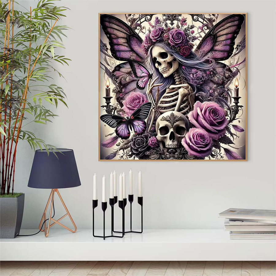 Momoart DIY Skelett-Diamant-Stickerei Horror Porträt mit Blumen und Schmetterling, Multicolour, B/T/H: 20 x 20 x 20 cm - Bild 3