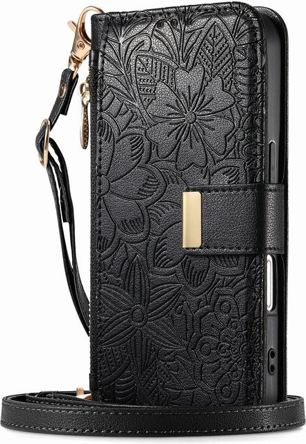 Florales Leder-Wallet-Case für Samsung Galaxy mit abnehmbarem Schultergurt in Pink, Braun, Lila oder Schwarz - Bild 1