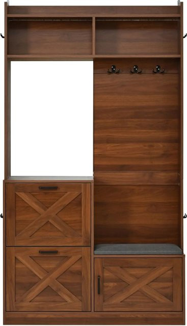 PXloue Garderobenschrank mit Schuhschrank, Sitzbank, Spiegel und LED in Braun, B/T/H: 100 x 25 x 180 cm - Bild 1