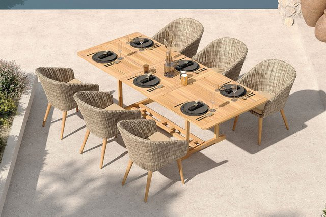 OUTFLEXX Borneo Garten-Essgruppe aus Akazie und Polyrattan in Beige/Natur mit 6 Stühlen und Polstern, ausziehbar, Tisch B/T: 180 bis 240 x 100 cm, Stühle B/T: 65 x 60 cm - Bild 1