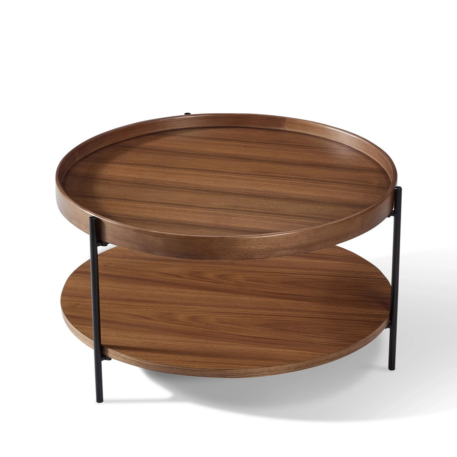 okwish Couchtisch rund aus Massivholz und Metall in Walnuss, 2-stöckiger Wohnzimmertisch, Durchmesser: 69 cm, Höhe: 38 cm - Bild 2