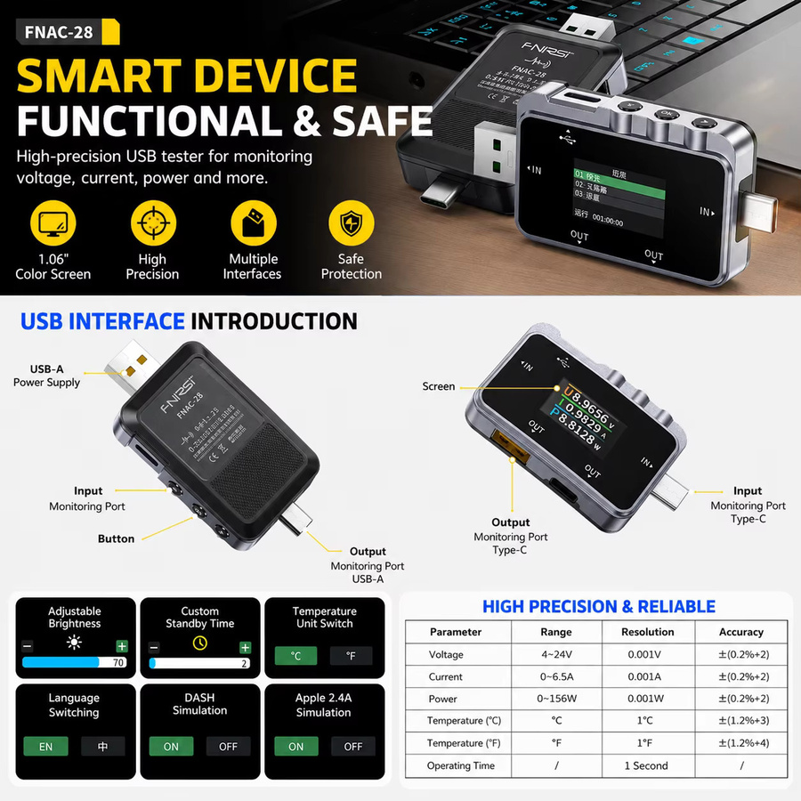 FNIRSI FNAC-28 2-in-1 Typ-C USB-Tester Digitales Voltmeter und Amperemeter in Schwarz zur Messung von Spannung und Strom für Handy und Laptop - Bild 5
