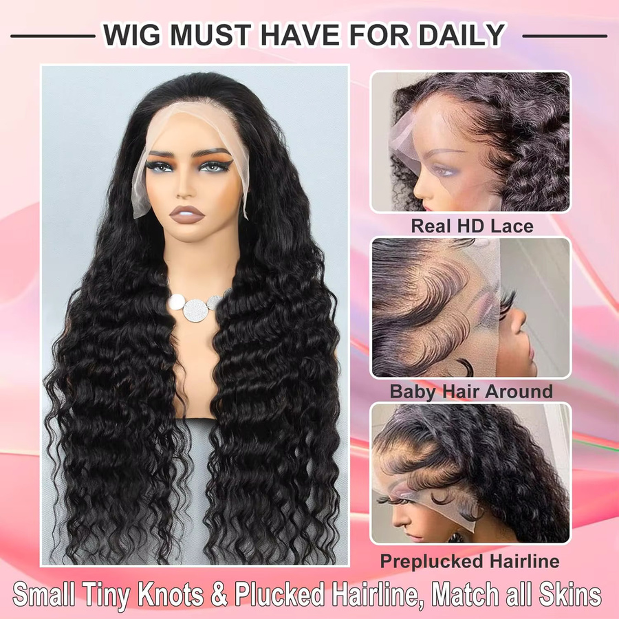 FIUMER Deep Wave Lace Front Perücke, Echthaar, Brasilianische Locken, Unisex - Bild 7