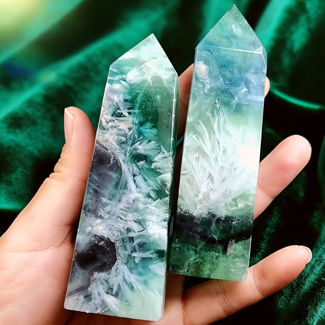 Natürlicher Feder-Fluorit quadratischer Säulenblock von CrystalHola in Grün mit Schneeflockenmuster als polierte Kristall-Dekoration im Bohemian-Stil - Bild 1
