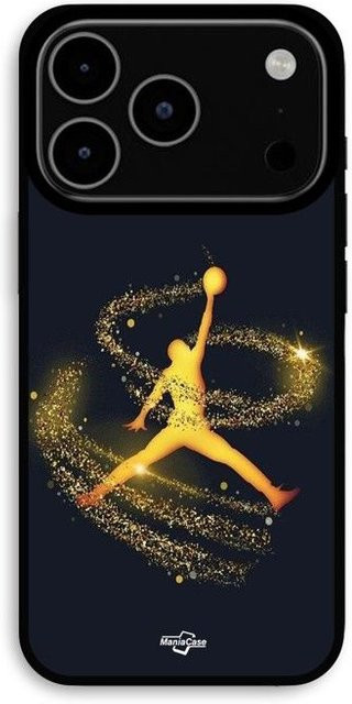 MANIACASE iPhone 17 Pro Max Hülle mit Jordan Logo und goldenem Sternenstaub in Schwarz und Gold - Bild 1