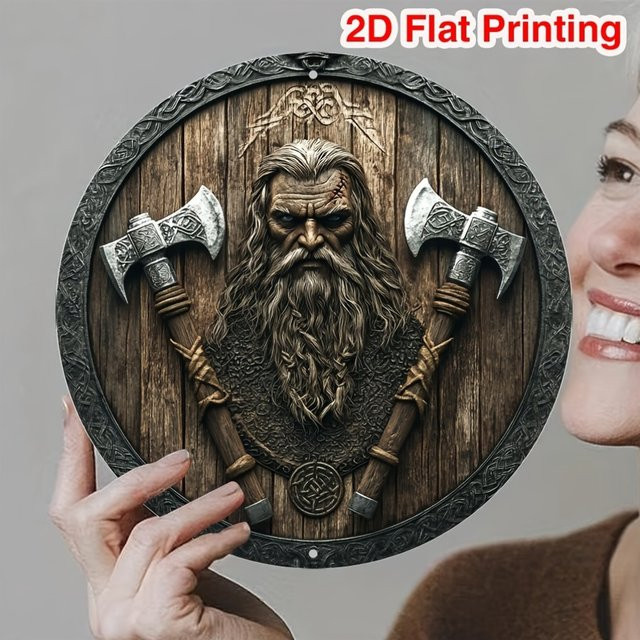 Potdemiel Rundes Wikinger Schild Wandkunst aus Metall mit Axt- und Schilddesign, Durchmesser: 20,3 cm - Bild 1