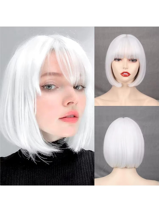 HAIRJOY Damen-Perücke, kurz, gerade, weiß, Bob mit Pony, Kunsthaar - Bild 4
