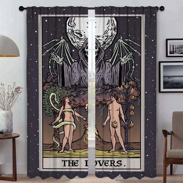 Fenstervorhang Terror-Tarot Design aus Tüll für Kinderzimmer und Schlafzimmer, 2 Paneele, Schwarz, Breite: 50 cm, Höhe: 70 cm - Bild 1