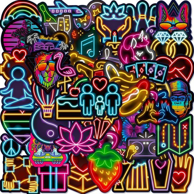 50 Stück Neonlicht-Aufkleber mit Cartoon-Graffiti Motiven in Multicolour von Anime Worlds Store für Autos, Laptops und Skateboards - Bild 1