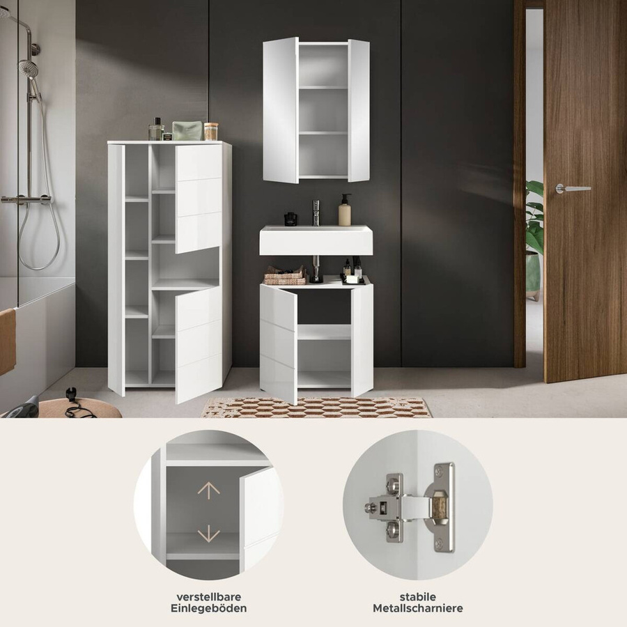 Badezimmer-Set VIRA von xonox.home in Weiß Hochglanz, bestehend aus Waschtischunterschrank, Spiegelschrank und Wandschrank, B/H/T: 135 x 190 x 34 cm - Bild 1
