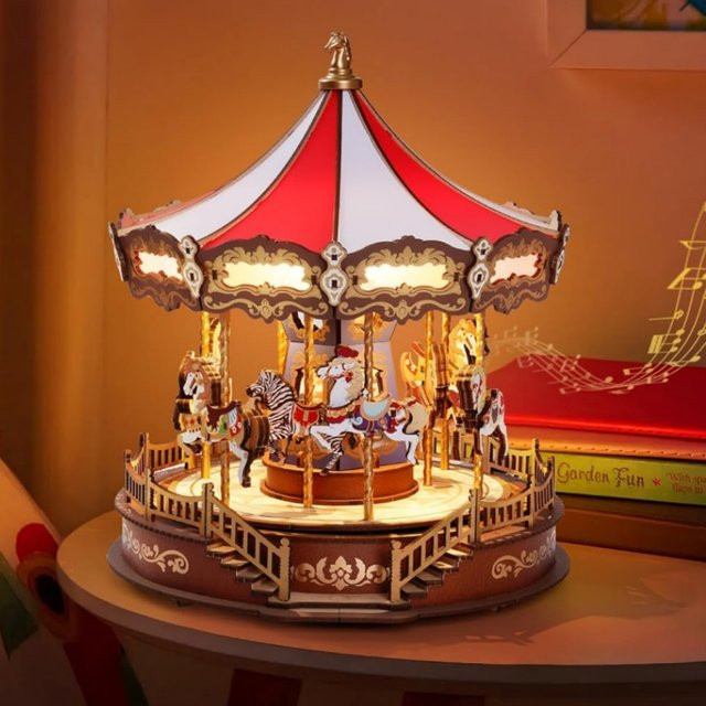 Robotime 3D-Holzpuzzle Karussell, Spieluhr, mit LED-Leuchten, ab 14 Jahren - Bild 1