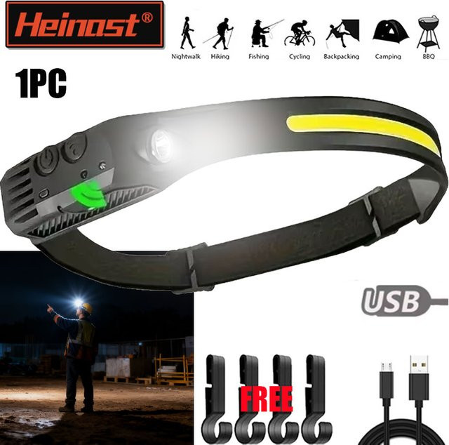 Heinast COB-LED-Stirnlampe mit Bewegungssensor, wiederaufladbar, Schwarz - Bild 1