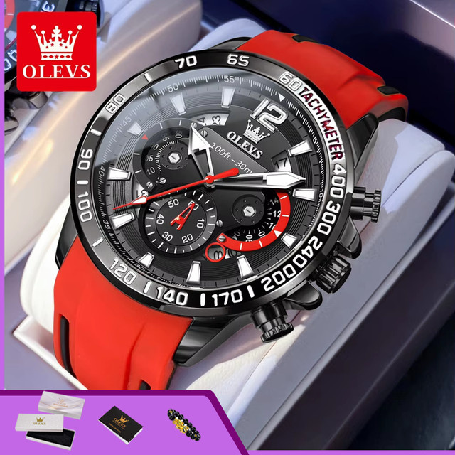 OLEVS Chronograph, Quarzuhr, Silikonarmband, Schwarz, Herren, 46mm - Bild 1