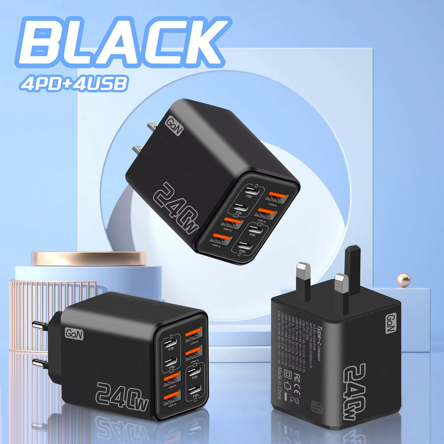 8-in-1 240W GaN USB-C Ladegerät Schwarz mit Schnellladefunktion für iPhone, Samsung und Xiaomi - Bild 3
