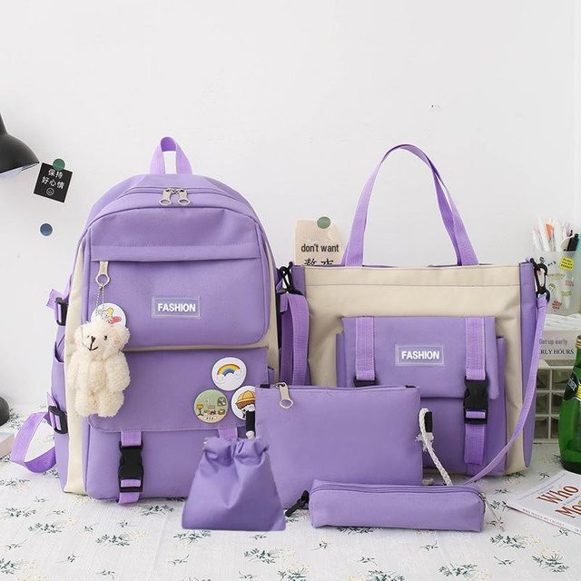 Fünfteiliges Schulranzen-Set aus Canvas für Mädchen in Violett von AI Supermarket - Bild 1