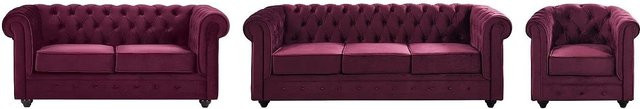 Vente-unique Chesterfield Couchgarnitur aus Samt in Bordeaux mit 3-Sitzer Sofa, 2-Sitzer Sofa und Sessel, B/T/H: 165 x 82 x 205 cm - Bild 1