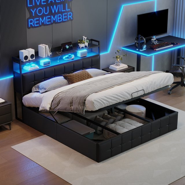 Rosahqnda Polsterbett mit LED-Beleuchtung und USB-Ladefunktion in Grau, Doppelbett mit Stauraum und Lattenrost aus PU-Leder, B/T: 140 x 190 cm - Bild 1