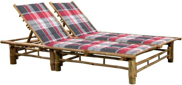 Furnicato Sonnenliege aus Bambus mit Kissen in Rot Karomuster B/T/H: 200 x 130 x 87 cm - Bild 1