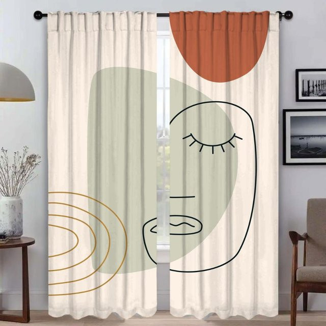 2er-Set Küchenvorhänge mit abstraktem Linienmuster aus halbtransparentem Tüll, Mehrfarbig, B: 50 cm, H: 70 cm - Bild 1
