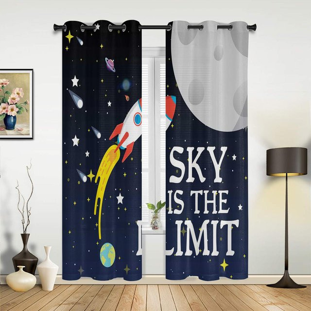 Modernes Weltraum Raumschiff Rakete Vorhang für Kinderzimmer und Wohnzimmer in Blau, Breite: 135 cm, Höhe: 60 cm - Bild 1