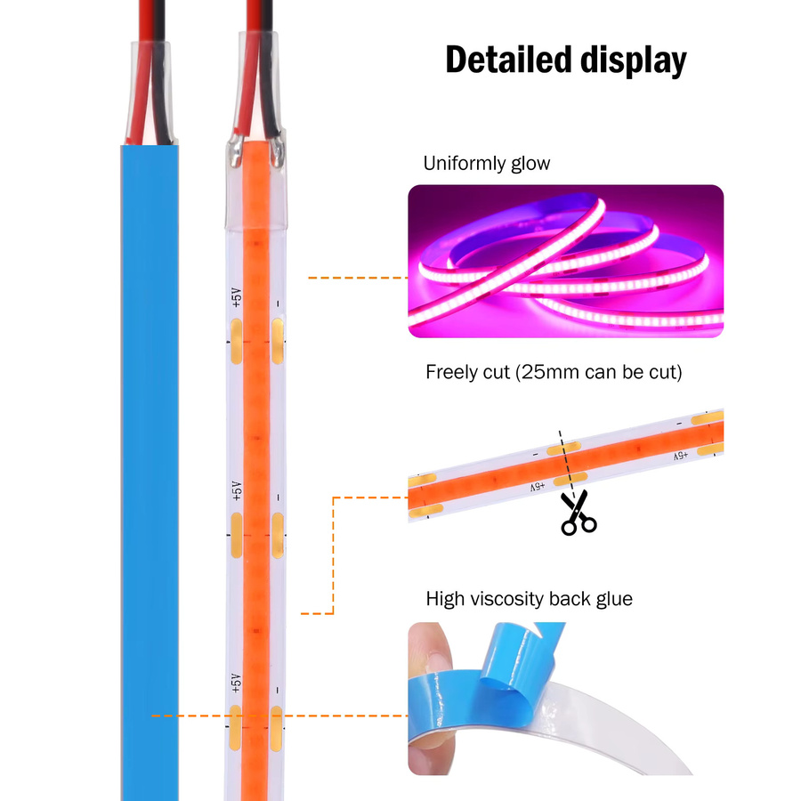 HEGEHE Ultrahelle USB-COB-LED-Streifen für TV-Hintergrundbeleuchtung, RGB, Weiß/Rot/Grün/Blau/Rosa, 2,4 m Länge, Breite: 0,8 cm - Bild 3