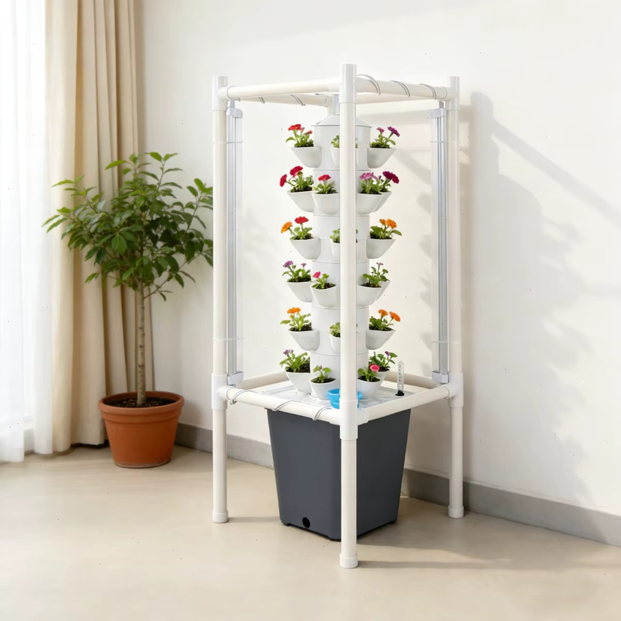 Bymaocar Hydroponisches Anbausystem 30-Loch-Turm-Kit mit Beleuchtung und Ständer für Bodenloses Gärtnern in Grau und Weiß, Höhe: 97 cm, Breite: 39 cm, Tiefe: 39 cm - Bild 3