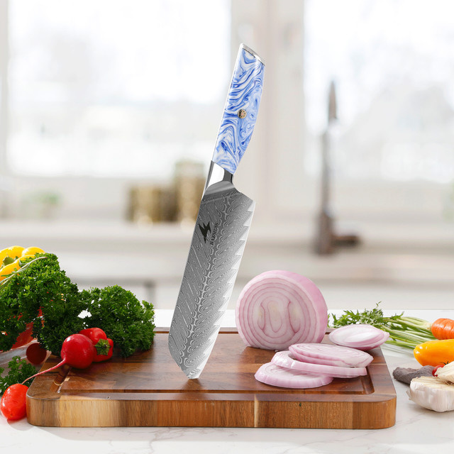 HAZMUSS Santoku Küchenmesser aus Damaszener Stahl mit VG10 Schneidkern und ergonomischem Kunststoffgriff, 7 Zoll (17,78 cm) - Bild 1