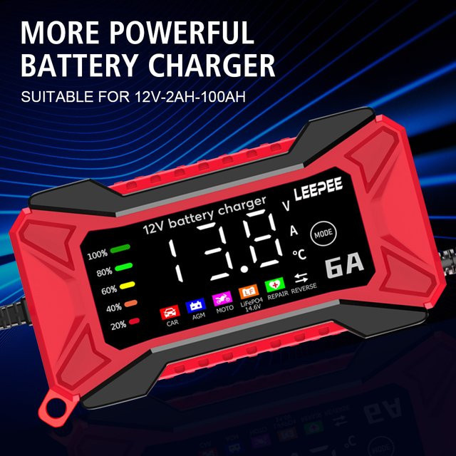 Intelligentes Batterie Ladegerät mit LCD Display und Puls Reparatur für SUV, Motorrad, Lkw und Auto, 12 V 6 A, Rot - Bild 1