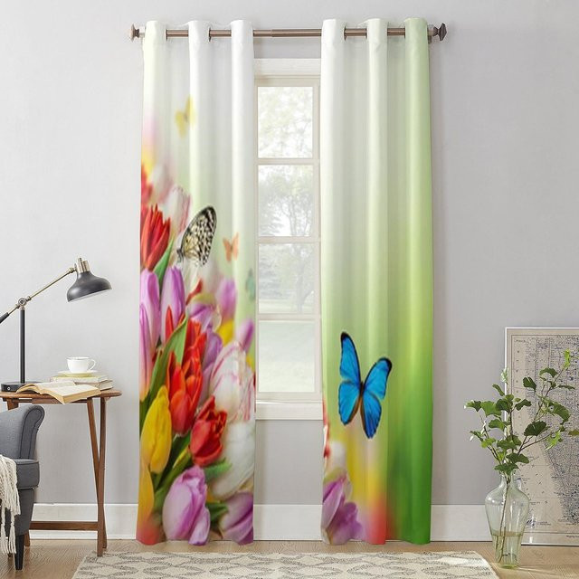 Super Six Fenstervorhänge mit Tulpen-Blumenstrauß und Schmetterlingen in Beige, halbtransparent, Breite: 135 cm, Höhe: 60 cm - Bild 1