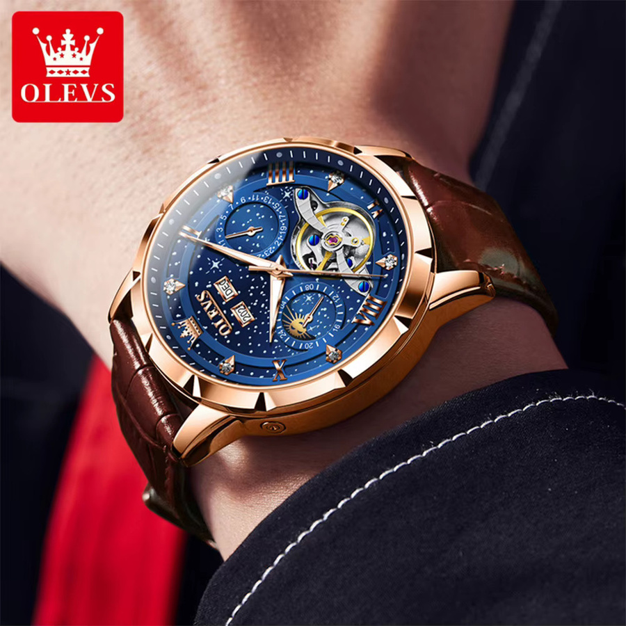 OLEVS Armbanduhr, mechanisch, Schwarz, Bicolor, Edelstahl, Leder, Herren - Bild 3