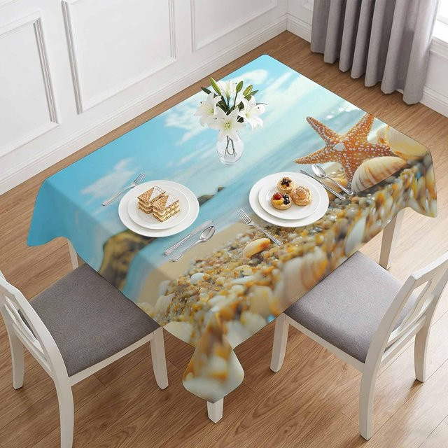 Rechteckige Tischdecke von JINGYUE Pet mit blauem Meeresmotiv aus Muscheln und Seesternen, wasserabweisend und waschbar, B/T: 140 x 140 cm - Bild 1