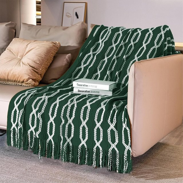 Inyahome Strickdecke in Grün mit Quasten im Boho-Stil für Couch und Bett, B/T: 172 x 127 cm - Bild 1