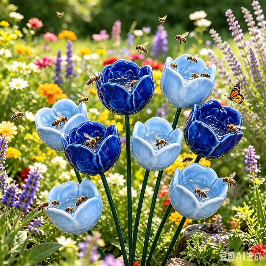 4-teilige Bienen-Wasserstation aus Keramik in Blau mit floralem Design als Gartendekoration für Schmetterlinge und Kolibris - Bild 3