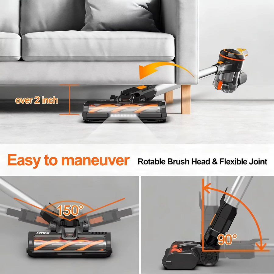 INSE S680 Kabelloser Staubsauger in Orange-Black mit 300W, 60000Pa Saugkraft, 60 Min. Laufzeit, LED-Beleuchtung und 1,2l Staubbehälter für Tierhaare und Auto - Bild 5